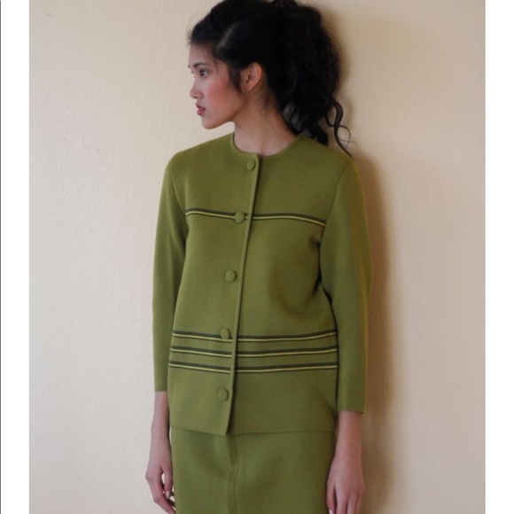 Other - Vintage 70s wool olive green suit skirt cardigan